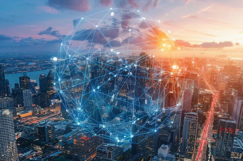 blockchain network over the city's landscape