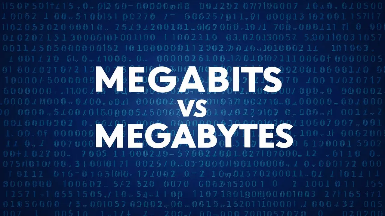 Megabits vs Megabytes text in white with a blue background with binary digits.