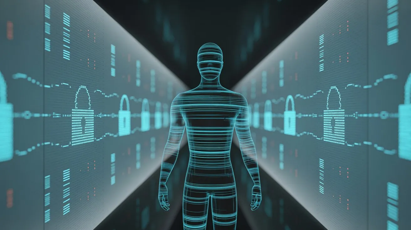 Futuristic AI agent standing in a digital corridor with cybersecurity elements